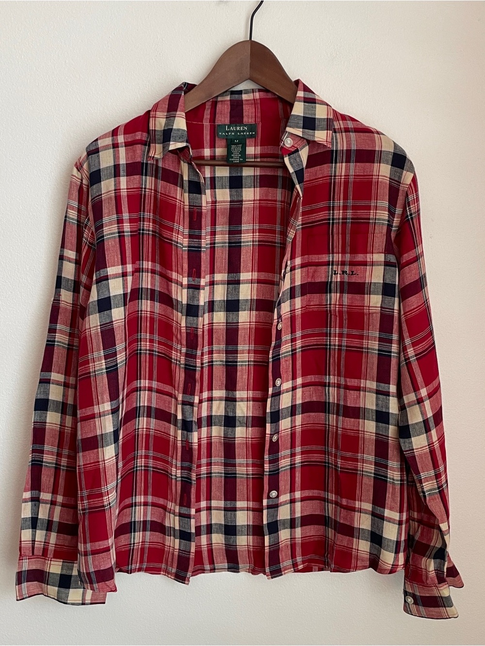 Lauren Ralph Lauren Button Down Shirt Linen Red Plaid Preppy Old Money Sz M